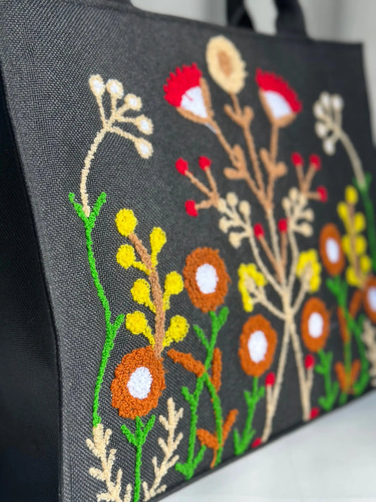 HANDMADE EMBROIDERED JUTE TOTE FLORA - BLACK