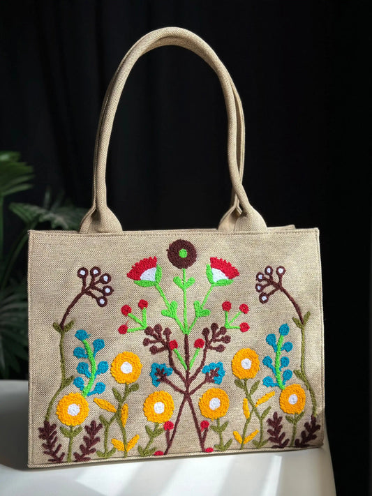HANDMADE EMBROIDERED JUTE TOTE FLORA - BEIGE