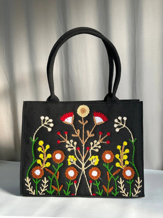 HANDMADE EMBROIDERED JUTE TOTE FLORA - BLACK