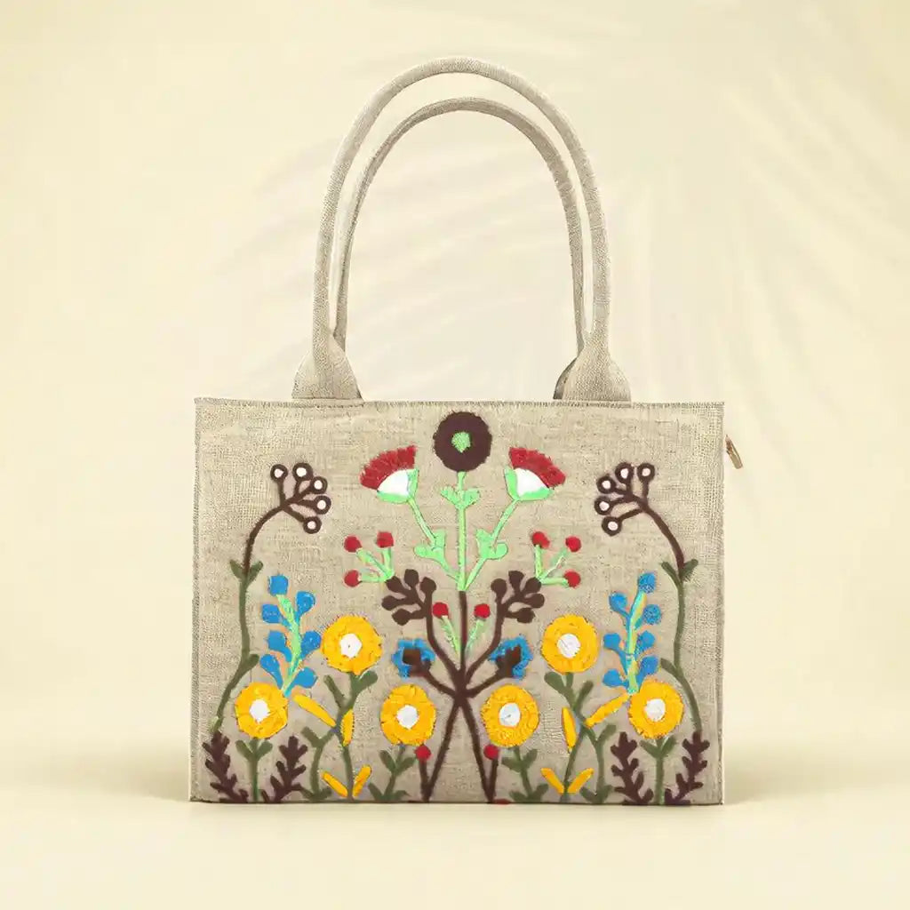 HANDMADE EMBROIDERED JUTE TOTE FLORA - BEIGE