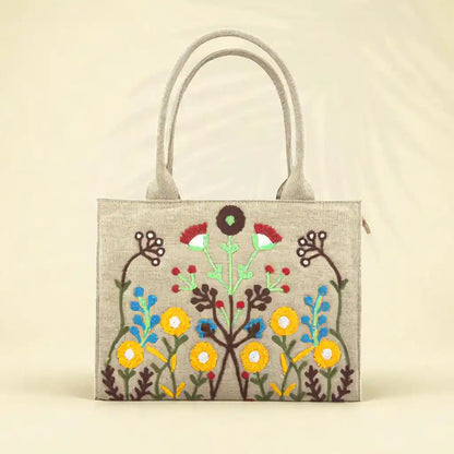 HANDMADE EMBROIDERED JUTE TOTE FLORA - BEIGE