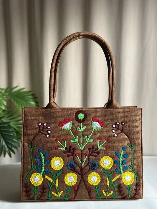 HANDMADE EMBROIDERED JUTE TOTE FLORA - BROWN
