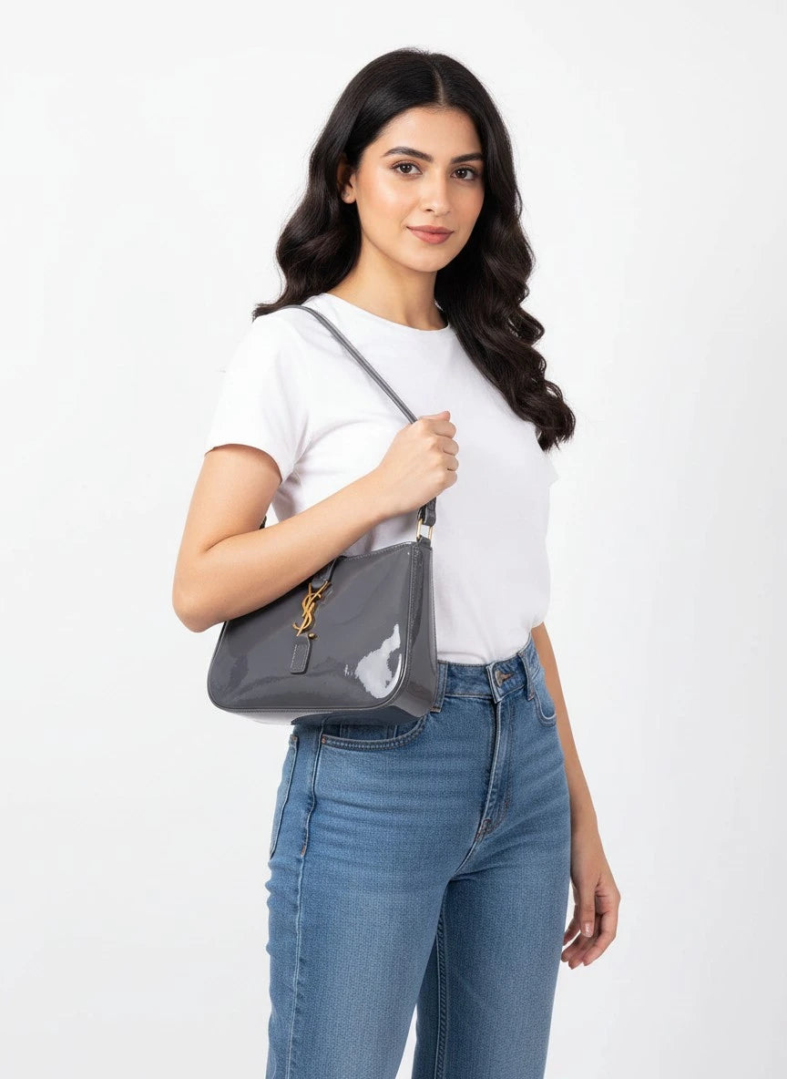 YSL SHINY SHOULDER BAG - GRAY